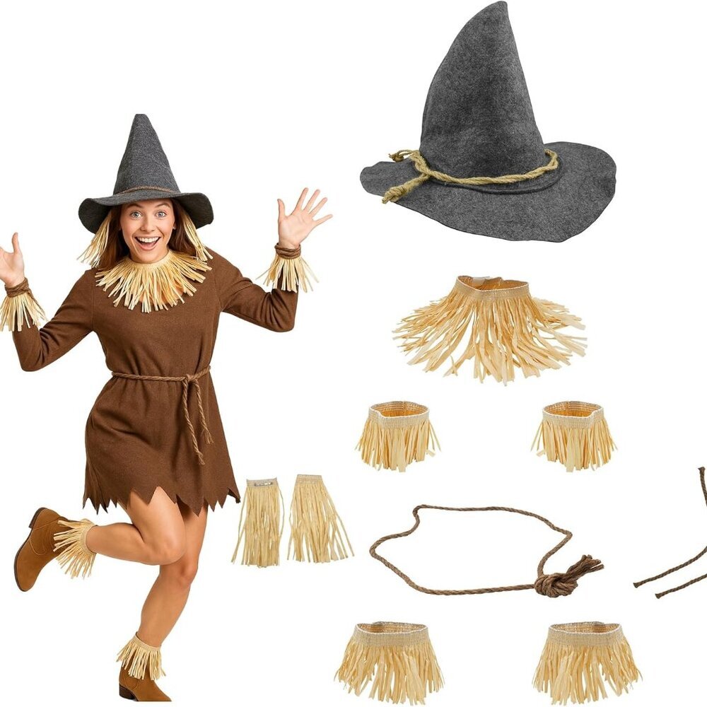 11 Piece Scarecrow Costume Set Adults Scarecrow Hat Straw Kit Halloween Scarecro
